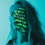 Professional woman with digital binary code projected on her face, representing the AI Filter scanning a LinkedIn profile for machine-readability and authority.